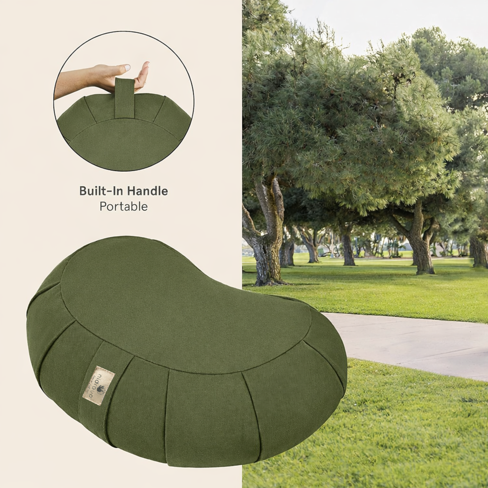 Nidraya Zafu Meditation Cushion With Buckwheat Hull Fill - Adjustable Yoga & Pilates Support Pillow - Crescent Cotton Cover With Handle (Green Forest Sage)