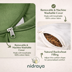 Nidraya Zafu Meditation Cushion With Buckwheat Hull Fill - Adjustable Yoga & Pilates Support Pillow - Crescent Cotton Cover With Handle (Green Forest Sage)