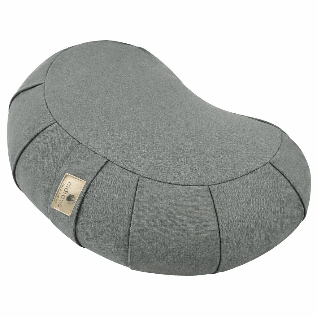 Nidraya Zafu Meditation Cushion With Buckwheat Hull Fill - Adjustable Yoga & Pilates Support Pillow - Crescent Cotton Cover With Handle (Ash Gray) Nidraya