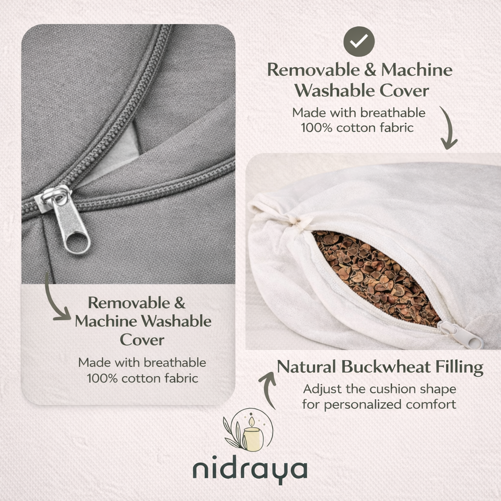 Nidraya Zafu Meditation Cushion With Buckwheat Hull Fill - Adjustable Yoga & Pilates Support Pillow - Crescent Cotton Cover With Handle (Ash Gray)