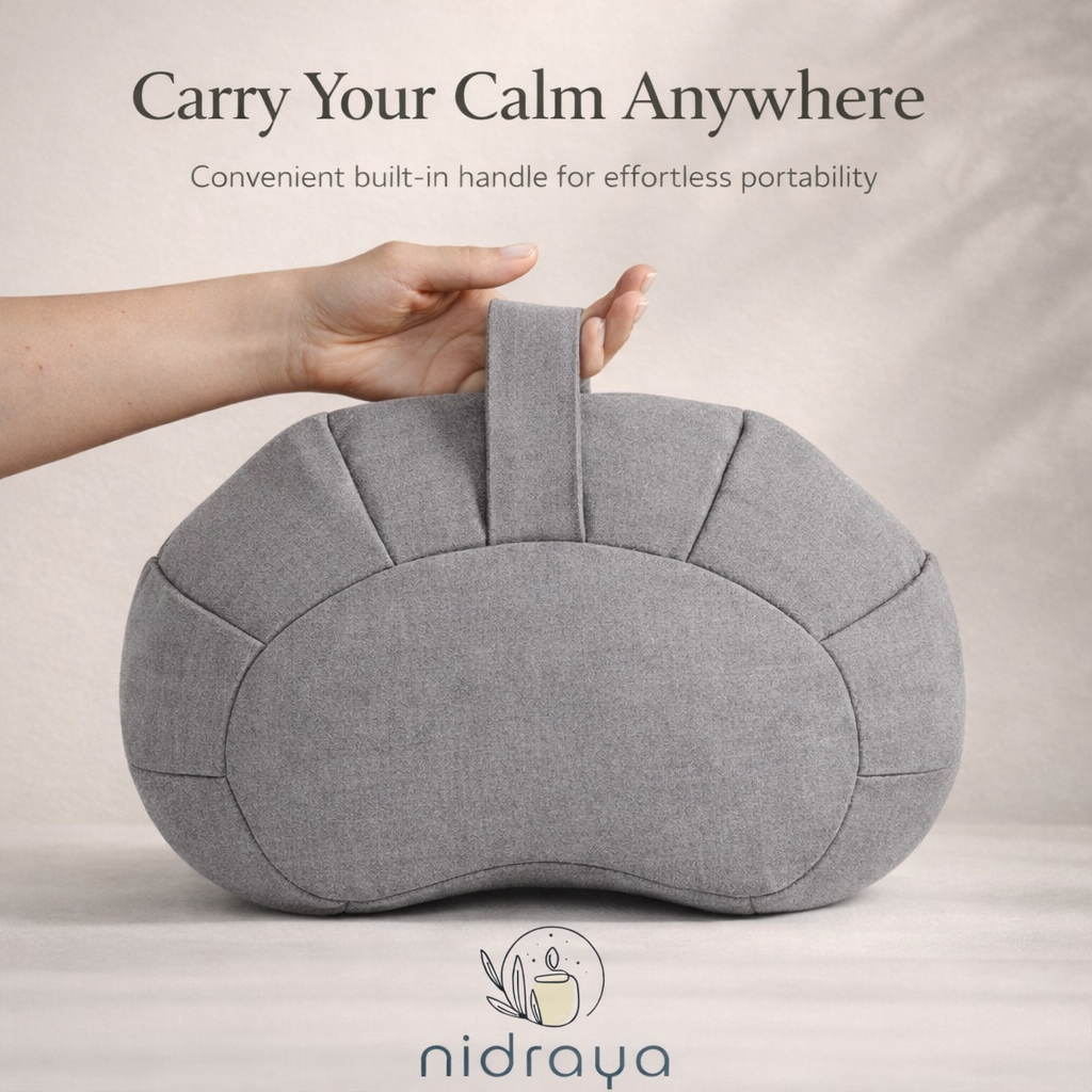 Nidraya Zafu Meditation Cushion With Buckwheat Hull Fill - Adjustable Yoga & Pilates Support Pillow - Crescent Cotton Cover With Handle (Ash Gray)