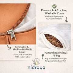 Nidraya Zafu Meditation Cushion With Buckwheat Hull Fill - Adjustable Yoga & Pilates Support Pillow - Crescent Cotton Cover With Handle (Ash Gray) Nidraya