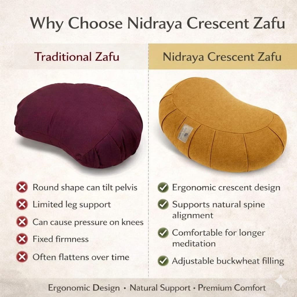 Nidraya Zafu Meditation Cushion With Buckwheat Hull Fill - Adjustable Yoga & Pilates Support Pillow - Crescent Cotton Cover With Handle (Ash Gray)