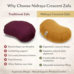 Nidraya Zafu Meditation Cushion With Buckwheat Hull Fill - Adjustable Yoga & Pilates Support Pillow - Crescent Cotton Cover With Handle (Ash Gray) Nidraya
