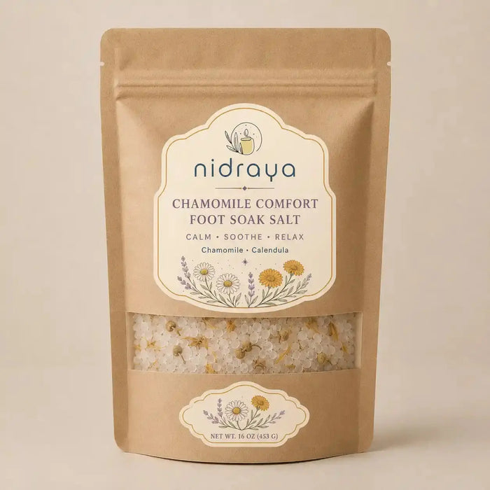 Chamomile Comfort Foot Soak Salt 250g | Gentle Calming Foot Soak with Epsom Salt, Dead Sea Salt, Oatmeal, Chamomile & Lavender Oil | Soothes Tired Feet, Softens Dry Feet & Supports Relaxing Bedtime Foot Care Nidraya
