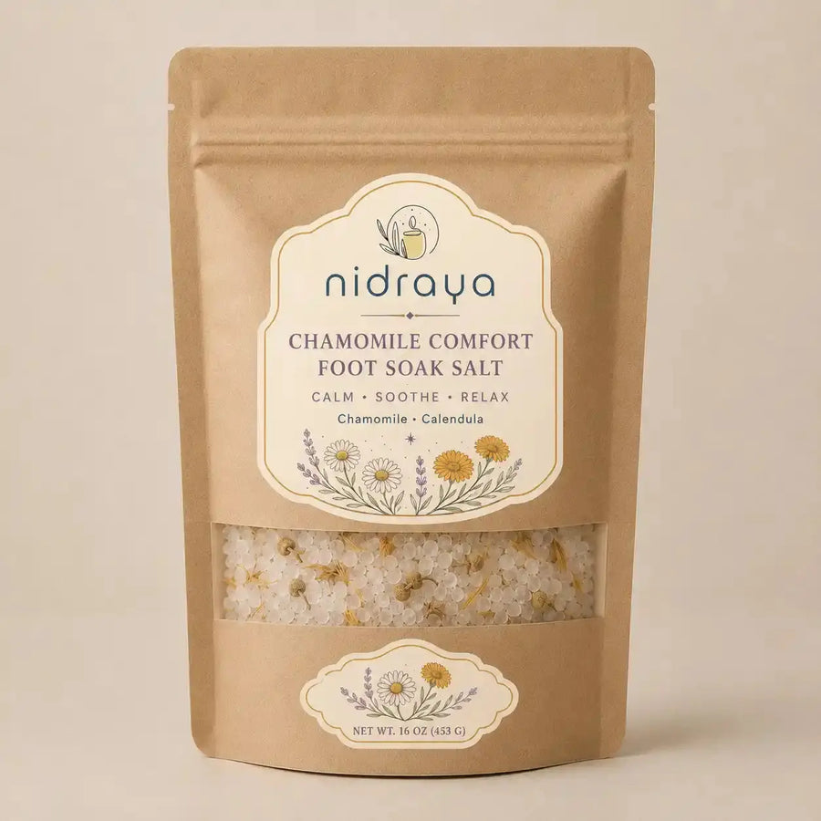 Chamomile Comfort Foot Soak Salt 250g | Gentle Calming Foot Soak with Epsom Salt, Dead Sea Salt, Oatmeal, Chamomile & Lavender Oil | Soothes Tired Feet, Softens Dry Feet & Supports Relaxing Bedtime Foot Care Nidraya