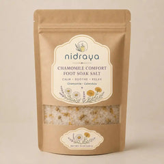 Chamomile Comfort Foot Soak Salt 250g | Gentle Calming Foot Soak with Epsom Salt, Dead Sea Salt, Oatmeal, Chamomile & Lavender Oil | Soothes Tired Feet, Softens Dry Feet & Supports Relaxing Bedtime Foot Care Nidraya