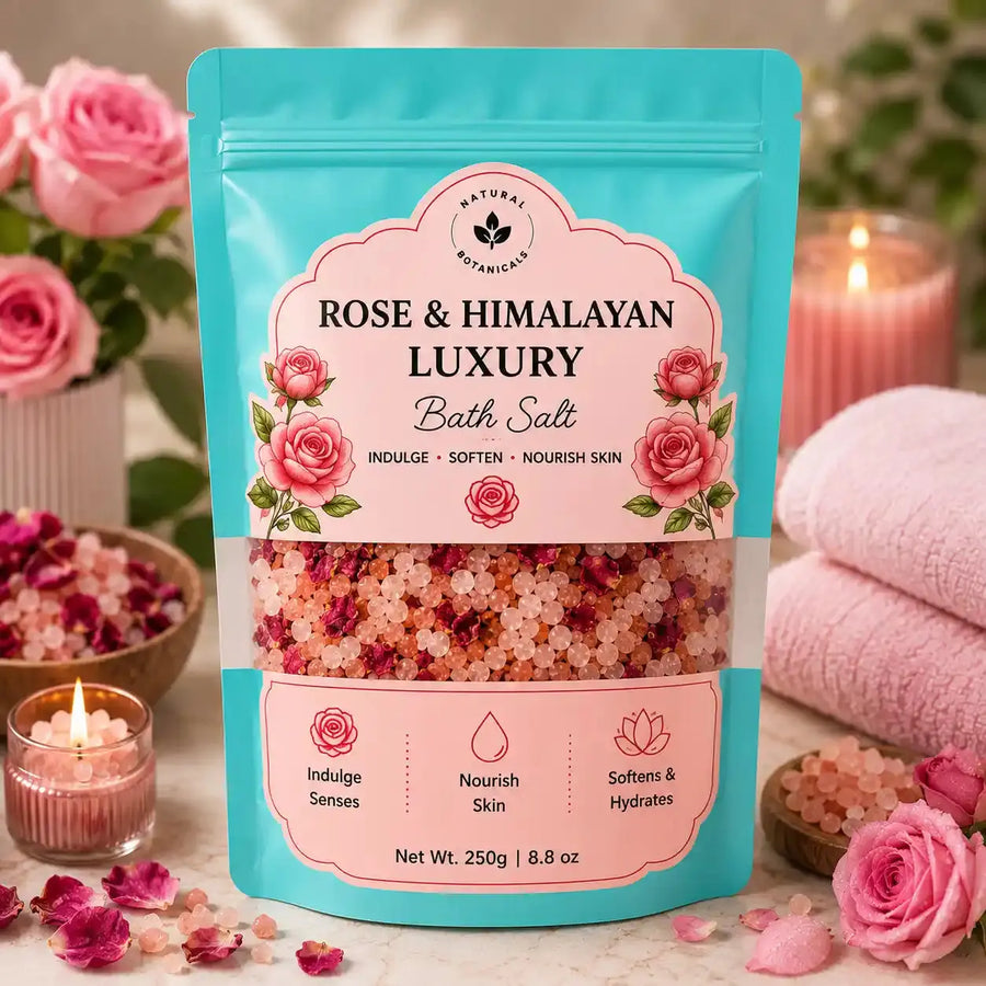 Nidraya Rose & Himalayan Luxury Bath Salt, 250g | Rose Petal & Himalayan Pink Salt Bath Soak | Luxury Spa Bath Salt for Soft, Pampered Skin Feel Nidraya
