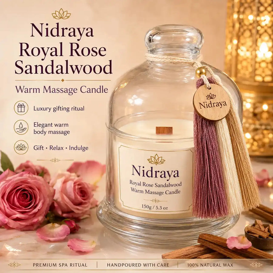Nidraya Royal Rose Sandalwood Warm Massage Oil Candle, 150 ml | Rose & Sandalwood Aroma | Soy Wax, Shea Butter & Jojoba Oil Massage Candle | Premium Spa & Gifting Ritual Nidraya