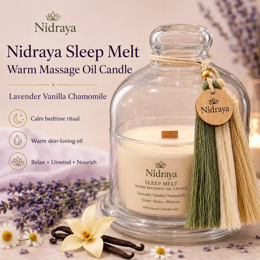 Nidraya Sleep Melt Warm Massage Oil Candle, 150 ml | Lavender Vanilla Chamomile Aroma | Soy Wax, Shea Butter & Cocoa Butter Massage Candle | Bedtime Relaxation Ritual