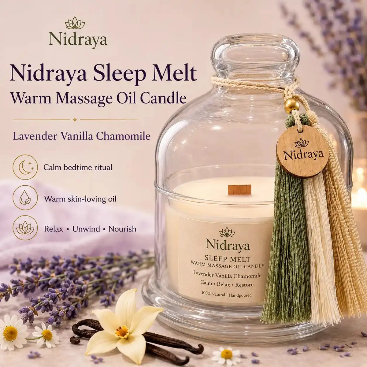 Nidraya Sleep Melt Warm Massage Oil Candle, 150 ml | Lavender Vanilla Chamomile Aroma | Soy Wax, Shea Butter & Cocoa Butter Massage Candle | Bedtime Relaxation Ritual Nidraya