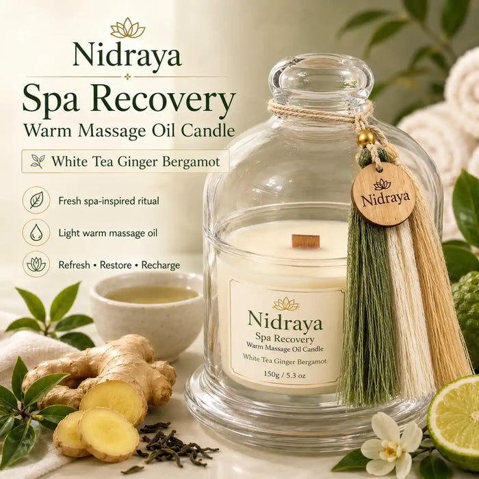 Nidraya Spa Recovery Warm Massage Oil Candle, 150 ml | White Tea Ginger Bergamot Aroma | Soy Wax, Mango Butter & Shea Butter Massage Candle | Fresh Spa Body Ritual