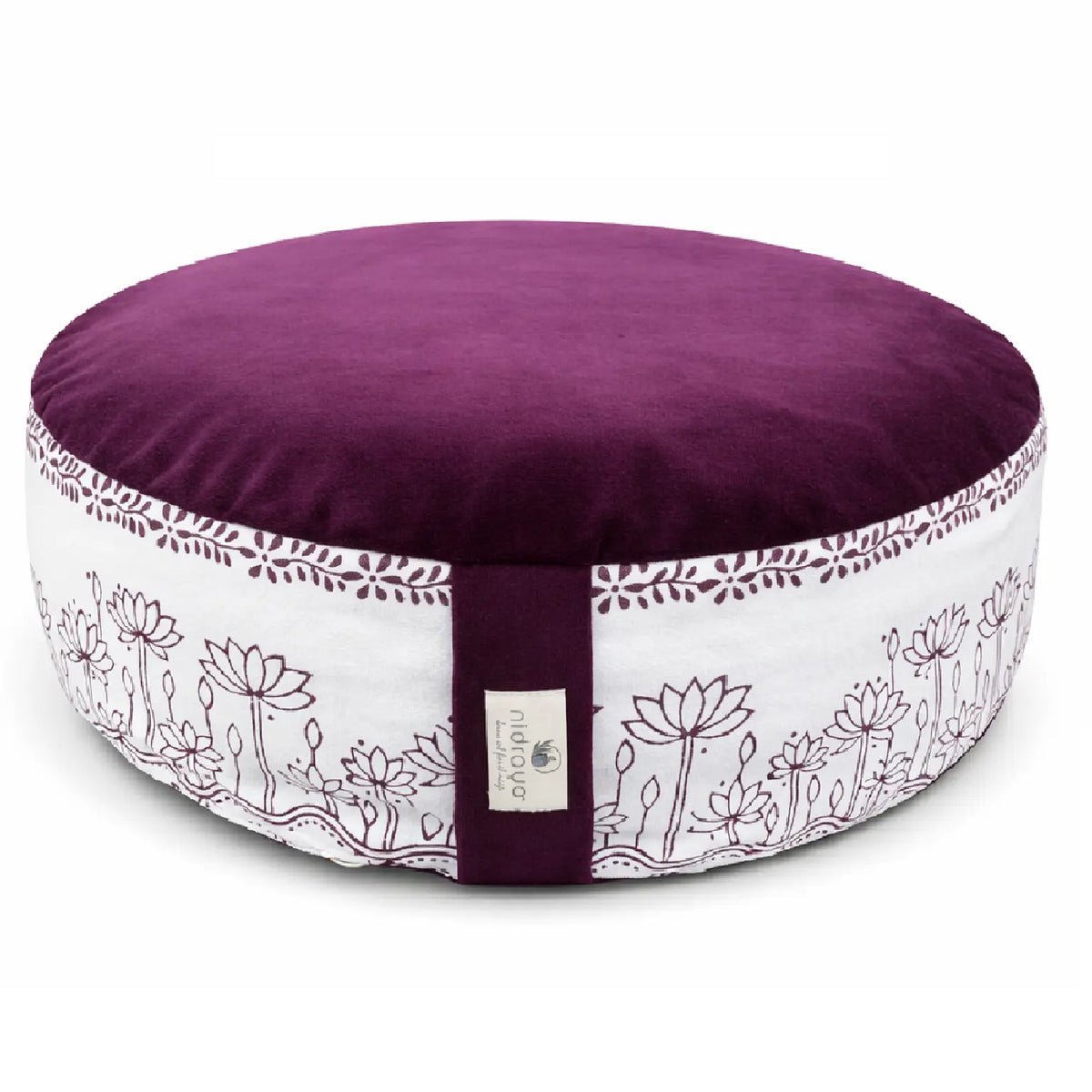 Nidraya Round Zafu Meditation Cushion Plain Filled with Buckwheat with Traditional Block Print (Lotus) Nidraya