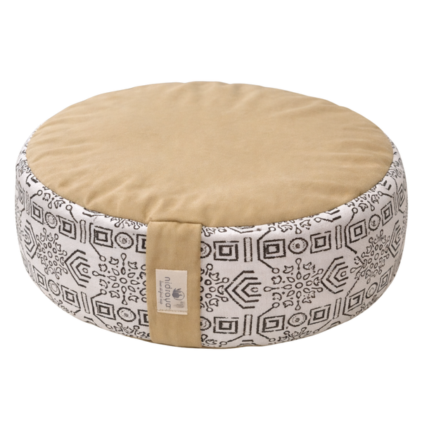 Nidraya Round Zafu Meditation Cushion Plain Filled with Buckwheat with Traditional Block Print (Tribal Ethnic)