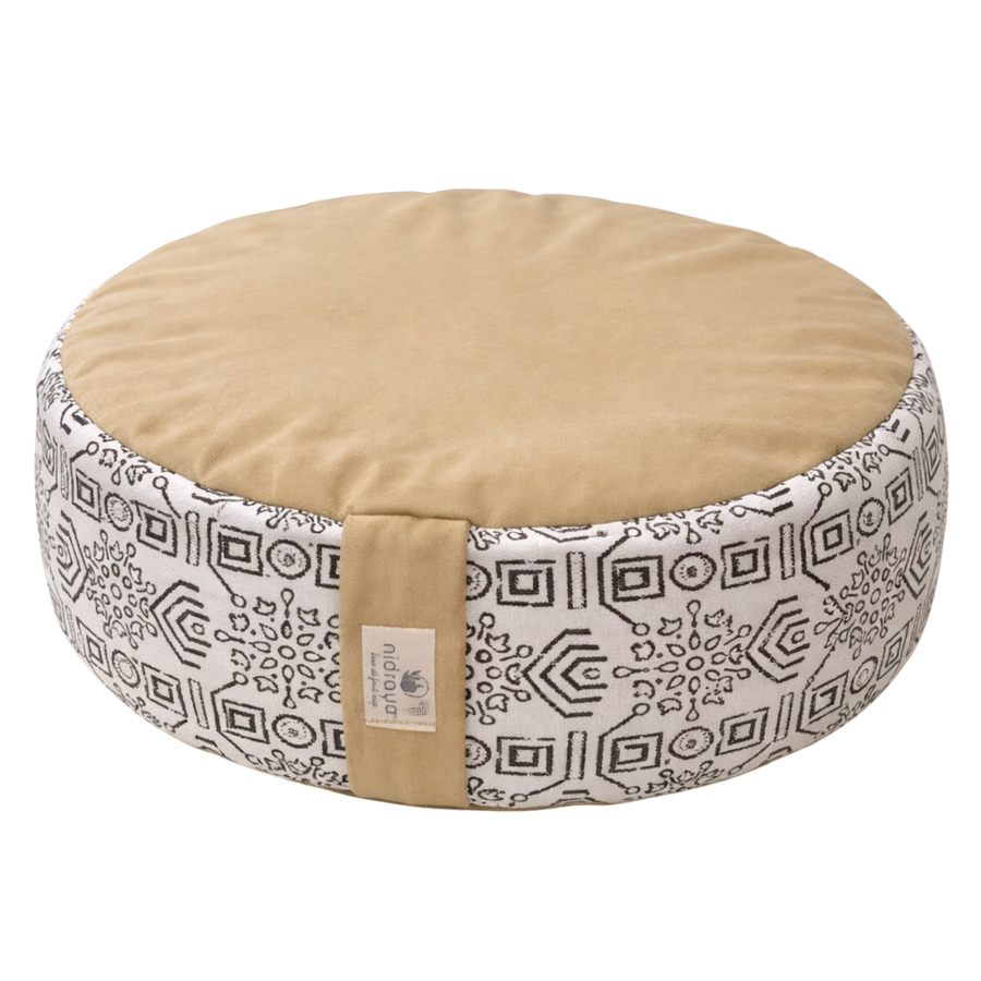 Nidraya Round Zafu Meditation Cushion Plain Filled with Buckwheat with Traditional Block Print (Tribal Ethnic)