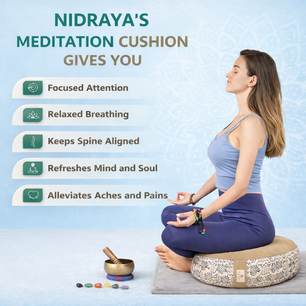 Nidraya Round Zafu Meditation Cushion Plain Filled with Buckwheat with Traditional Block Print (Tribal Ethnic)